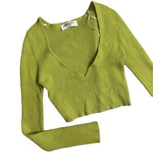 Double Zero Size M Long Sleeve Plunge Neck Crop Green‎ Pointelle Knit Rib Fitted